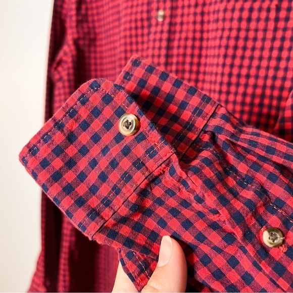 Old Navy Red Navy Gingham Plaid Everyday Slim Fit Built in Flex Dress Shirt Med - Picture 3 of 6